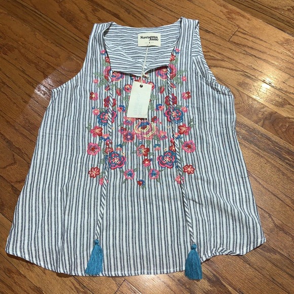 Savanna Jane Tops - Women's Savanna Jane Light Grey Gray Floral Sleeveless Blouse Sz Small